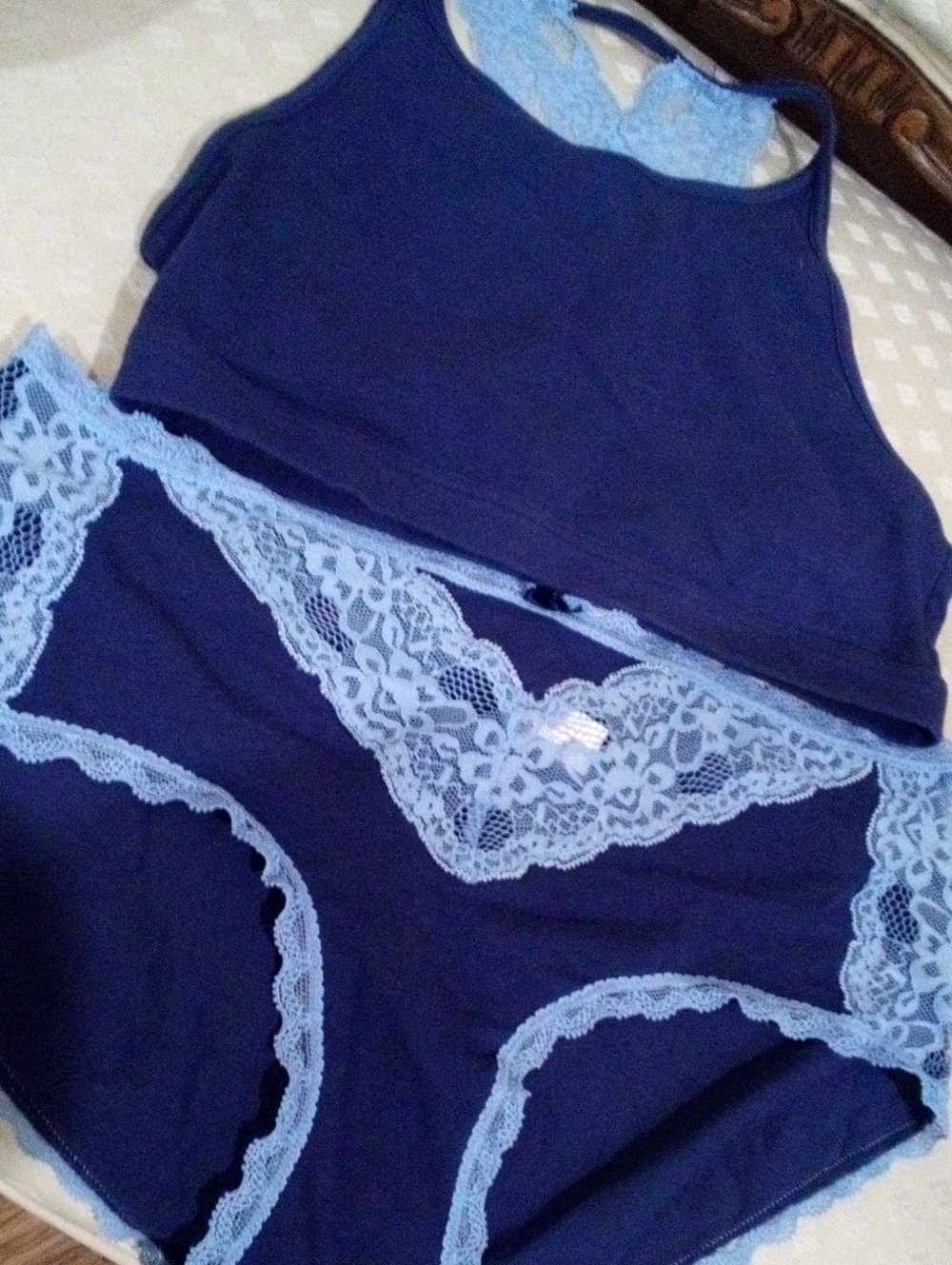 Adore Me Navy Bralette & Light Blue Lace Trim Brief Set